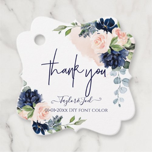 Watercolor Blush Navy Blue Roses Thank You Script  Favor Tags