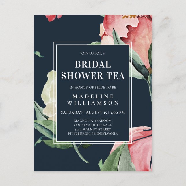 Watercolor Blush Navy  Floral Bridal Shower Tea  Postcard (Front)