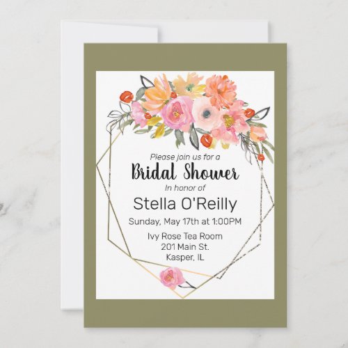 Watercolor Blush Orange Yellow Floral Gold Frame Invitation