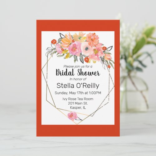 Watercolor Blush Orange Yellow Floral Gold Frame Invitation