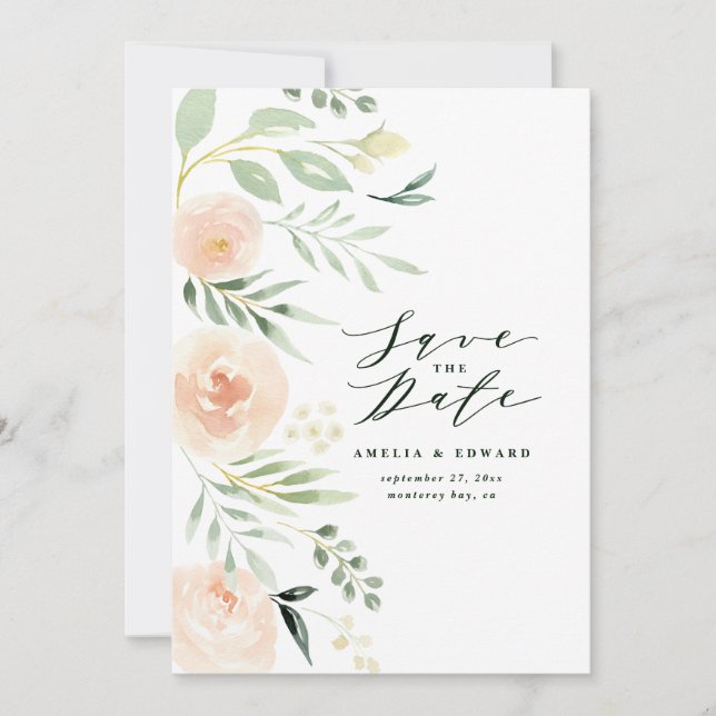 Watercolor blush peach floral & foliage Wedding (Front)