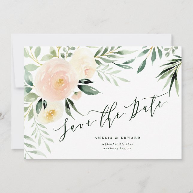 Watercolor blush peach floral & foliage Wedding (Front)