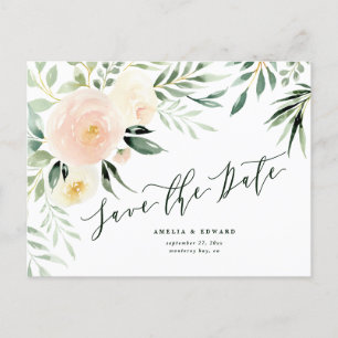 watercolor blush peach floral & foliage Wedding Announcement Postcard