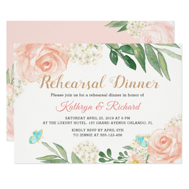Watercolor Blush Peach Floral Rehearsal Dinner Invitation