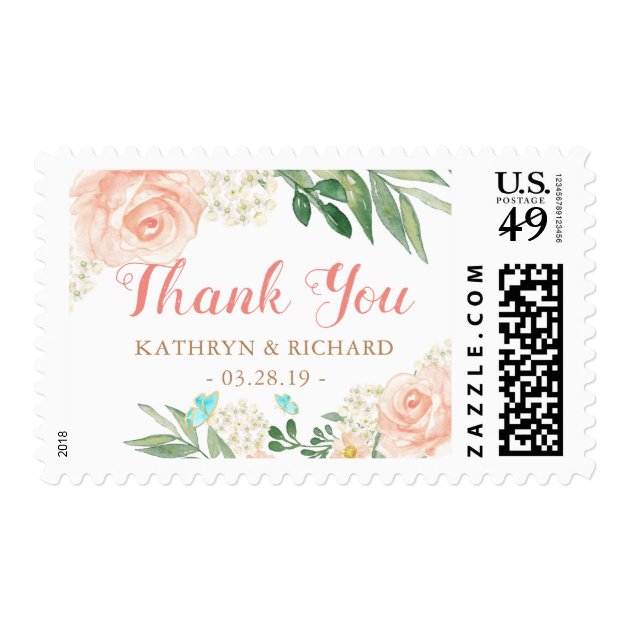 Watercolor Blush Peach Floral Thank You Wedding Postage