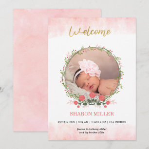 Watercolor blush pink and floral frame baby birth  announcement