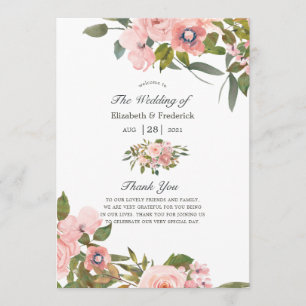 Watercolor Blush Pink and Rose Gold Roses Wedding Program