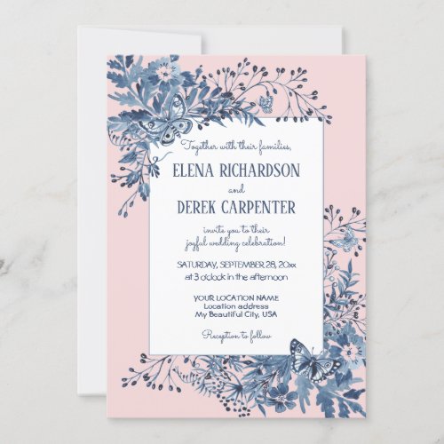 Watercolor Blush Pink Blue White Floral Wedding Invitation