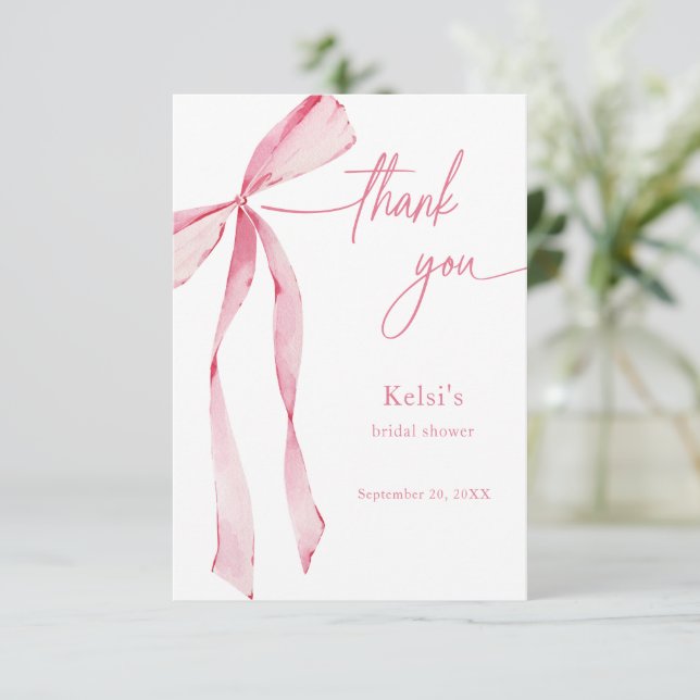 Watercolor Blush Pink Bow Bridal Shower Thank You Card (Standing Front)