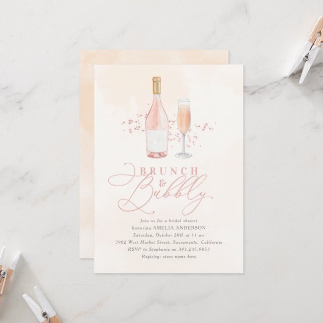 Watercolor Blush Pink Brunch Bubbly Bridal Shower Invitation (Front/Back In Situ)