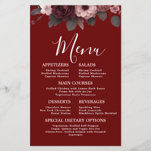 Watercolor Blush Pink Burgundy Floral Wedding Menu