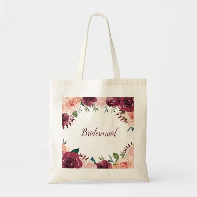 Watercolor Blush Pink Burgundy Rose Bridesmaid Tote Bag (Front)
