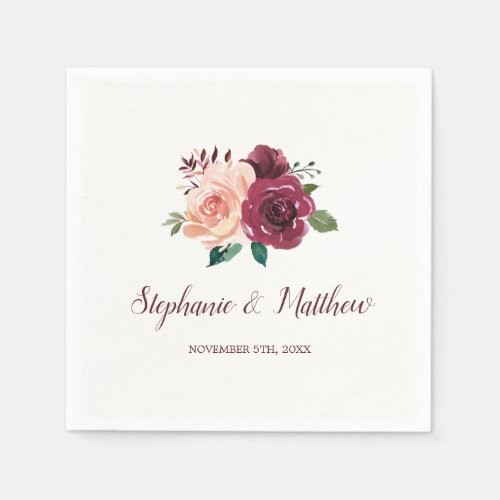 Watercolor Blush Pink Burgundy Rose Floral Wedding Napkins