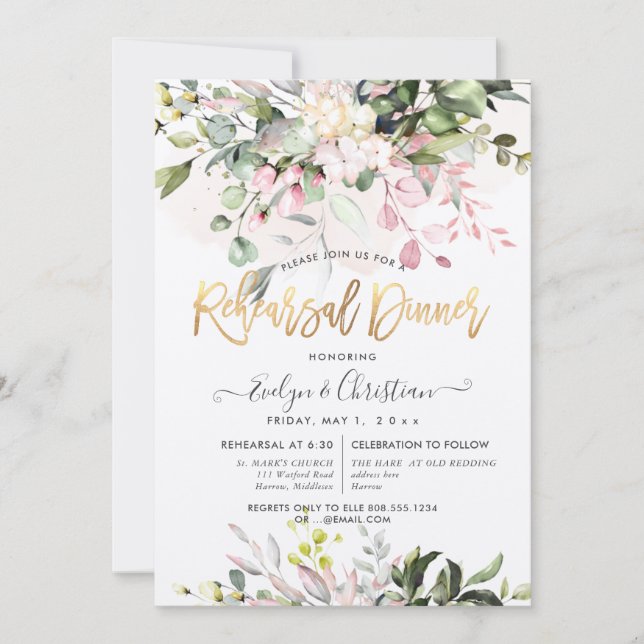Watercolor Blush Pink Eucalyptus Rehearsal Dinner  Invitation (Front)