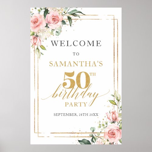 Watercolor blush pink floral 50th birthday welcome poster