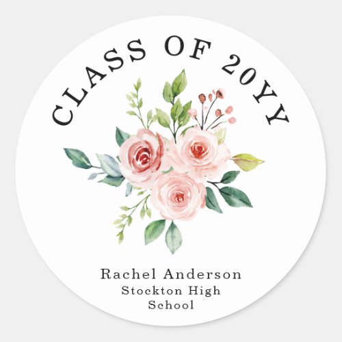 Watercolor Blush Pink Floral Class of Graduation  Classic Round Sticker
