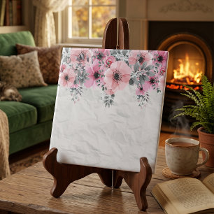 Watercolor Blush Pink Floral Crumpled Paper Ceramic Tile