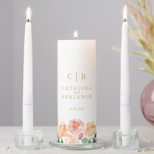 Watercolor Blush Pink Floral Geometric Wedding Unity Candle Set