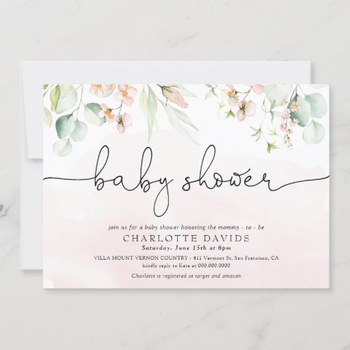 Watercolor Blush Pink Floral Girl Baby Shower Invitation