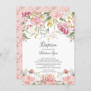 Watercolor Blush Pink Floral Girl Baptism Invitation