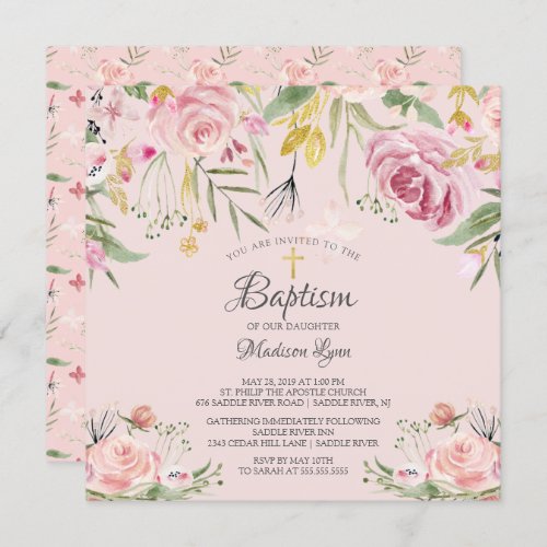Watercolor Blush Pink Floral Girl Baptism Invitation