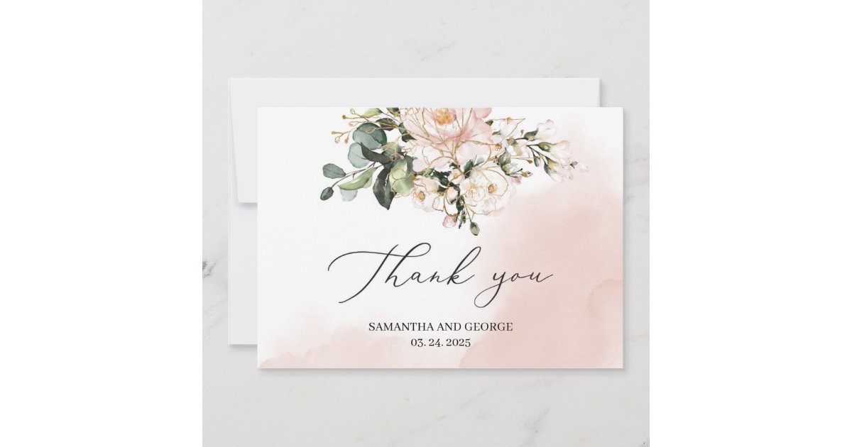 Watercolor blush pink floral greenery gold wedding thank you card | Zazzle