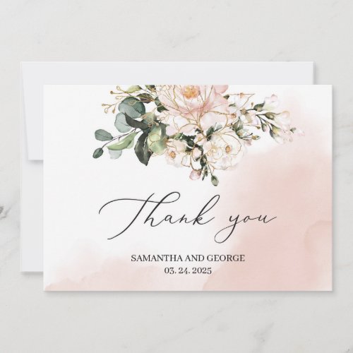 Watercolor blush pink floral greenery gold wedding thank you card