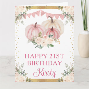 Watercolor Blush Pink Floral Pumpkins Birthday Card