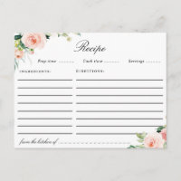 Watercolor blush pink floral recipe card