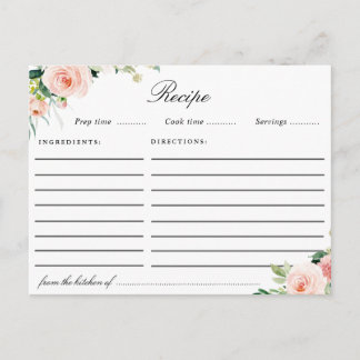 Watercolor blush pink floral recipe card