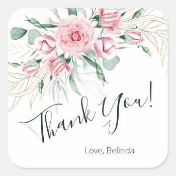 Watercolor Blush Pink Floral Roses Thank You  Square Sticker by NinaBaydur at Zazzle