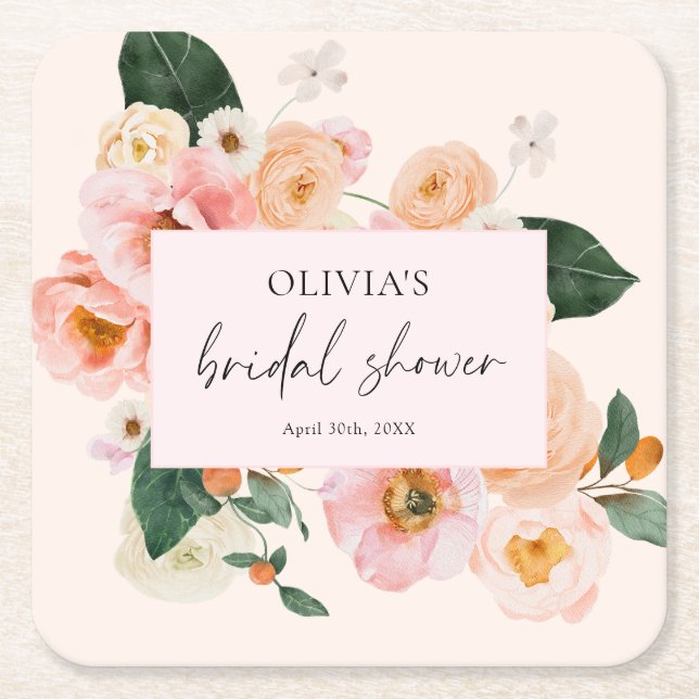 Watercolor Blush Pink Floral  Square Paper Coaster (Front)