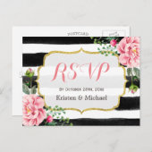 Watercolor Blush Pink Floral Stripes RSVP Invitation Postcard (Front/Back)