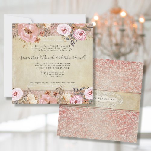 Watercolor Blush Pink Floral Vintage French Lace Invitation