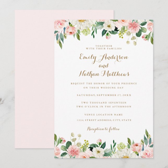 Watercolor Blush Pink Floral Wedding Invitation (Front/Back)