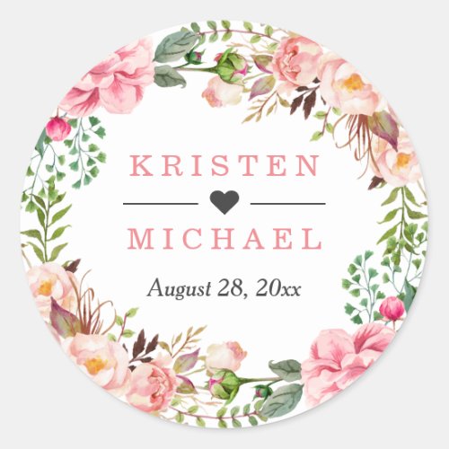 Watercolor Blush Pink Floral Wreath Wedding Favor Classic Round Sticker