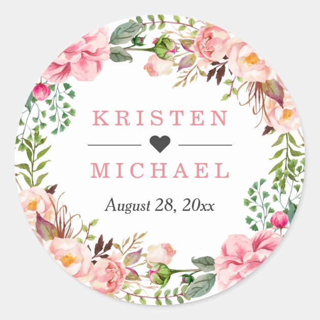 Watercolor Blush Pink Floral Wreath Wedding Favor Classic Round Sticker