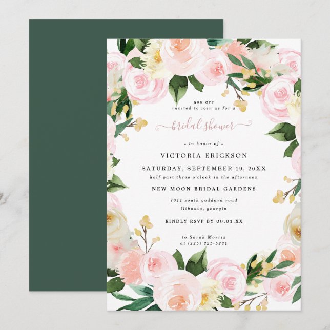 Watercolor Blush Pink Florals Bridal Shower Invitation (Front/Back)