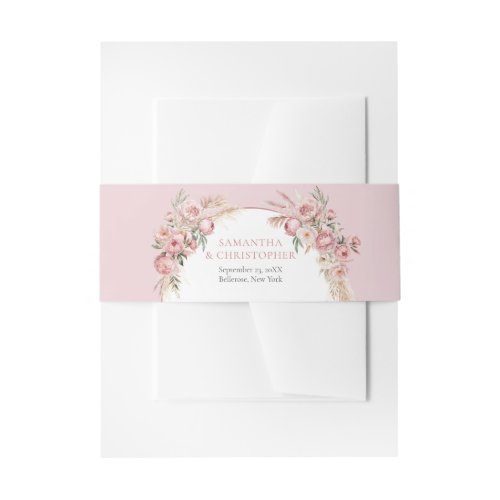 Watercolor blush pink flowers boho arch pampas invitation belly band