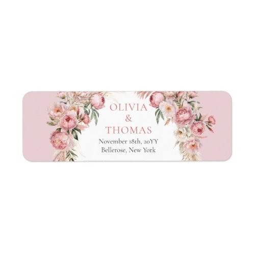 Watercolor blush pink flowers boho arch pampas  label