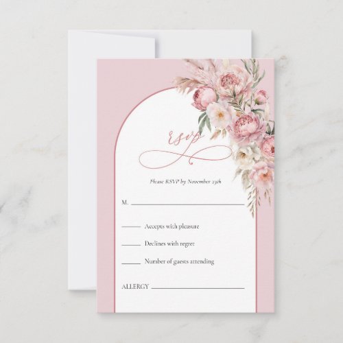 Watercolor blush pink flowers boho arch rsvp card