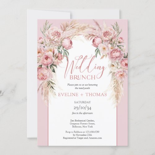 Watercolor blush pink flowers boho wedding brunch invitation