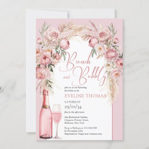 Watercolor blush pink flowers brunch and bubbly  invitation