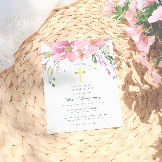Watercolor Blush Pink Flowers First Holy Communion Invitation Postcard (Creator Uploaded)