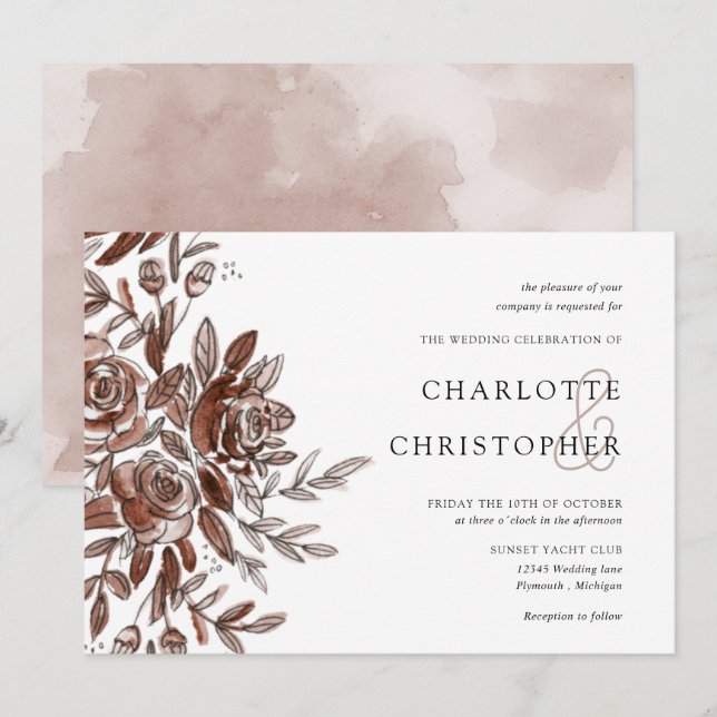 watercolor blush pink flowers horizontal wedding invitation (Front/Back)