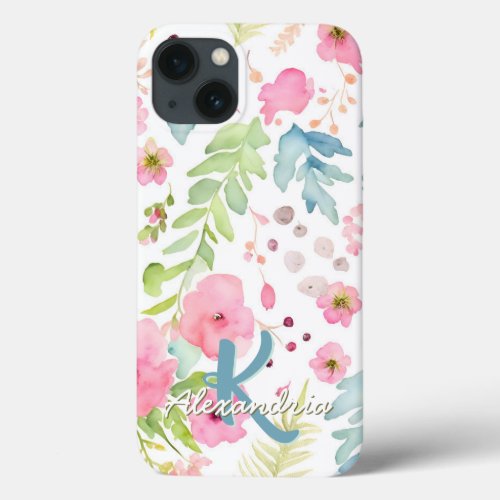 Watercolor Blush Pink Flowers Meadow Monogram Name iPhone 13 Case
