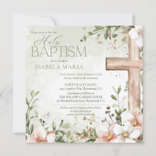 Watercolor blush pink flowers wooden cross baptism invitation