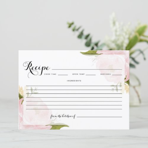 Watercolor Blush Pink Garden Roses Recipe Card