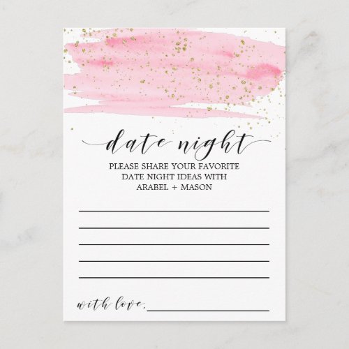 Watercolor Blush Pink  Gold Date Night Idea Card