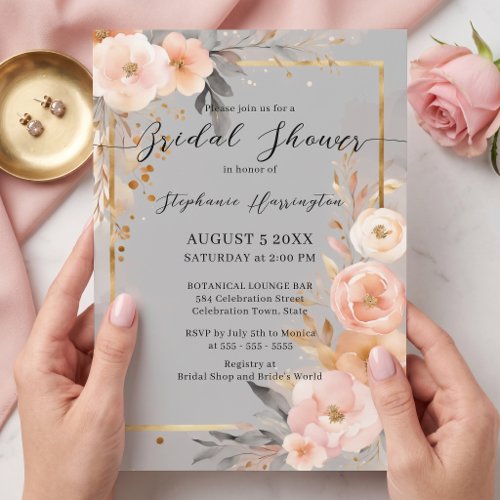 Watercolor Blush Pink Gold Frame Bridal Shower Invitation